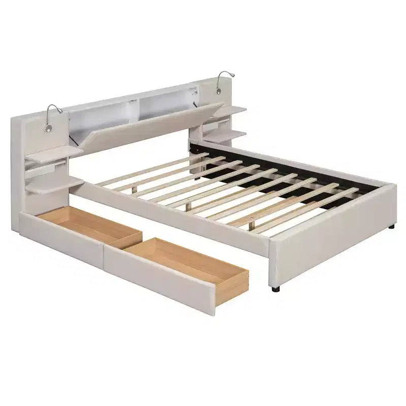 Lit plateforme queen rembourré Whisen avec tiroirs de rangement, étagères, lit gigogne et liseuses