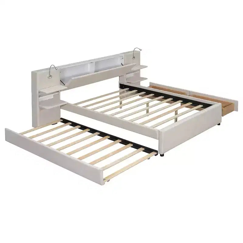 Lit plateforme queen rembourré Whisen avec tiroirs de rangement, étagères, lit gigogne et liseuses