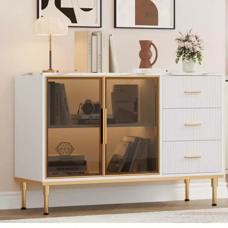 Meuble de rangement avec buffet, table de buffet avec plateau en faux marbre et portes vitrées pour la salle à manger