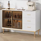 Meuble de rangement avec buffet, table de buffet avec plateau en faux marbre et portes vitrées pour la salle à manger