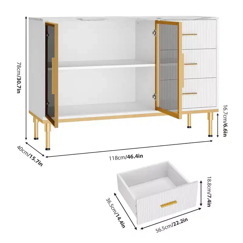 Meuble de rangement avec buffet, table de buffet avec plateau en faux marbre et portes vitrées pour la salle à manger
