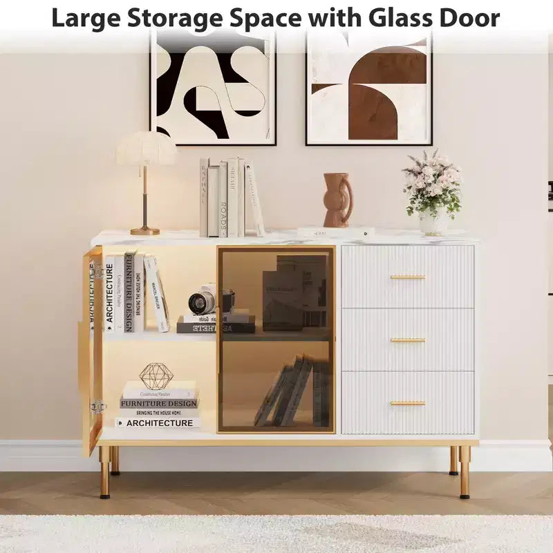 Meuble de rangement avec buffet, table de buffet avec plateau en faux marbre et portes vitrées pour la salle à manger