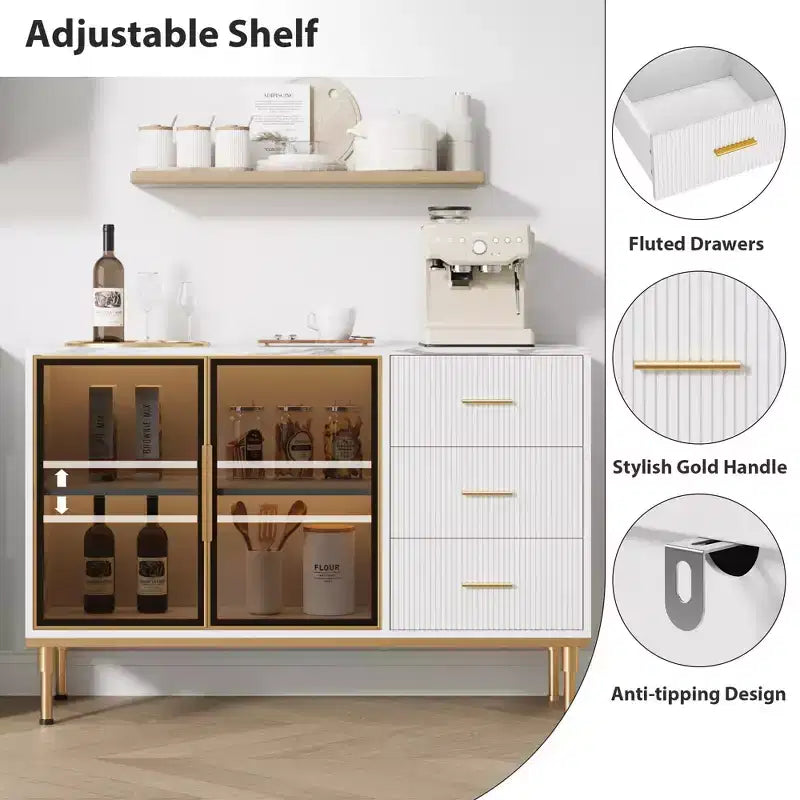 Meuble de rangement avec buffet, table de buffet avec plateau en faux marbre et portes vitrées pour la salle à manger