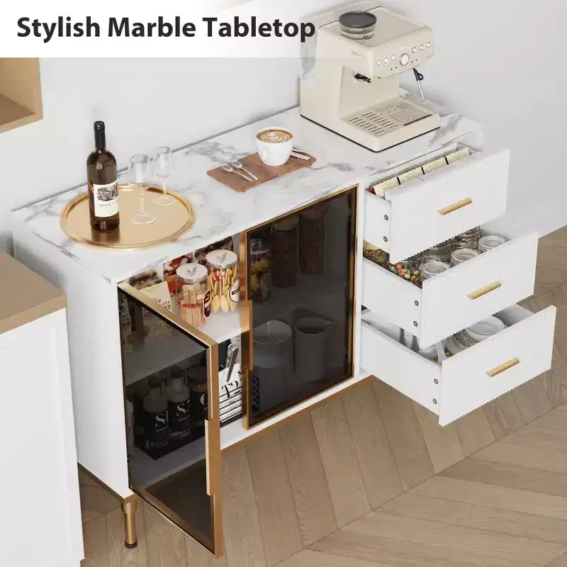 Meuble de rangement avec buffet, table de buffet avec plateau en faux marbre et portes vitrées pour la salle à manger