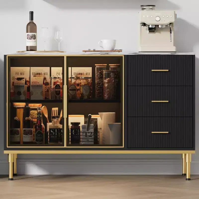 Meuble de rangement avec buffet, table de buffet avec plateau en faux marbre et portes vitrées pour la salle à manger