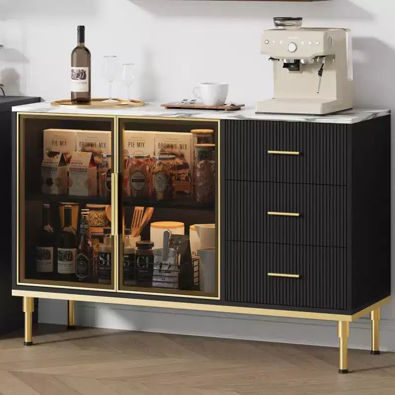 Meuble de rangement avec buffet, table de buffet avec plateau en faux marbre et portes vitrées pour la salle à manger