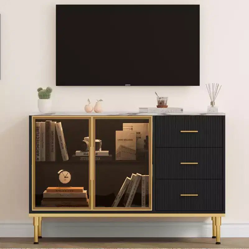 Meuble de rangement avec buffet, table de buffet avec plateau en faux marbre et portes vitrées pour la salle à manger