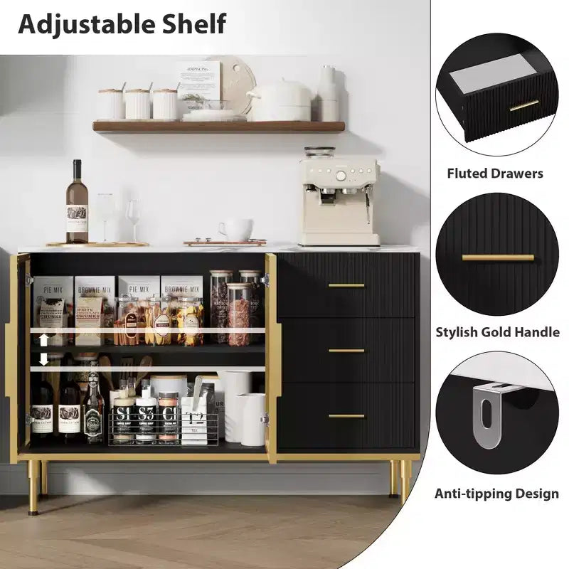Meuble de rangement avec buffet, table de buffet avec plateau en faux marbre et portes vitrées pour la salle à manger