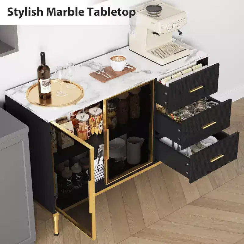 Meuble de rangement avec buffet, table de buffet avec plateau en faux marbre et portes vitrées pour la salle à manger
