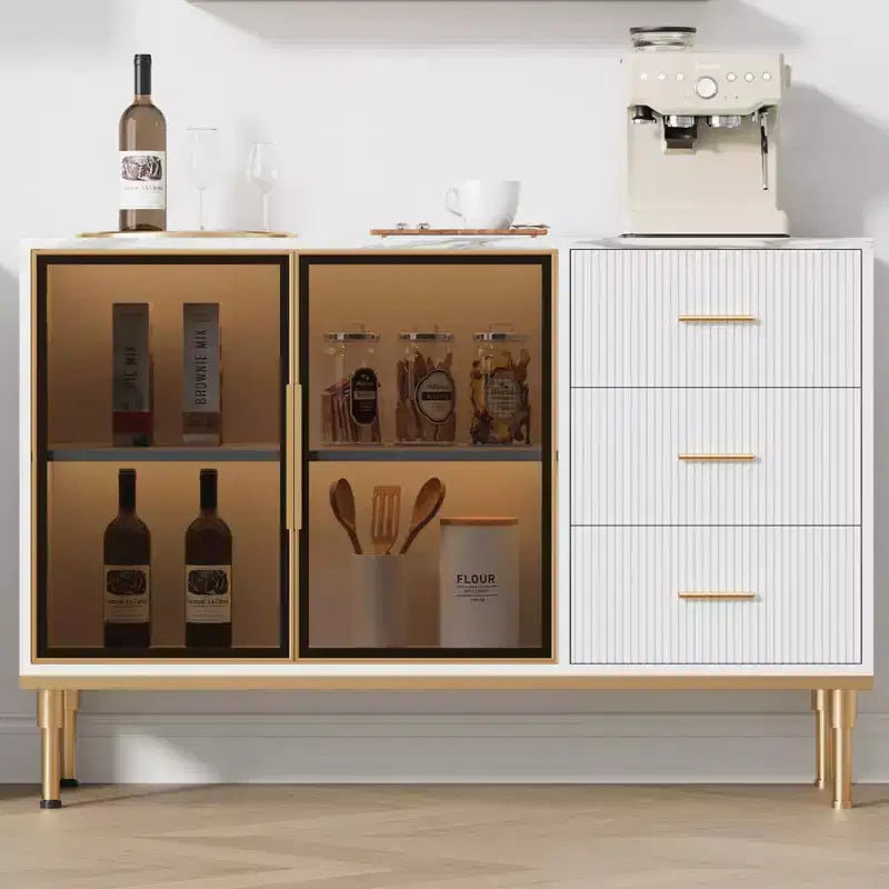 Meuble de rangement avec buffet, table de buffet avec plateau en faux marbre et portes vitrées pour la salle à manger