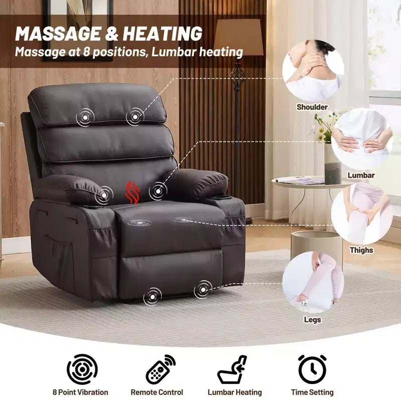 Fauteuil inclinable manuel extra large en cuir PU pour adultes avec massage et chauffage, grand fauteuil paresseux avec accoudoirs et dossier confortables 1,5 fois plus épais en éponge pour salon