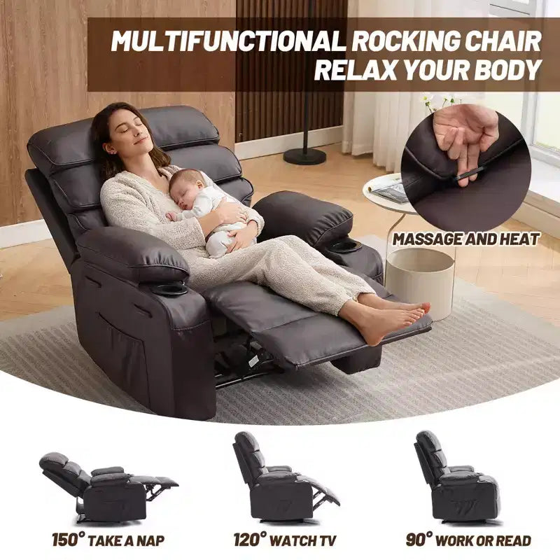 Fauteuil inclinable manuel extra large en cuir PU pour adultes avec massage et chauffage, grand fauteuil paresseux avec accoudoirs et dossier confortables 1,5 fois plus épais en éponge pour salon