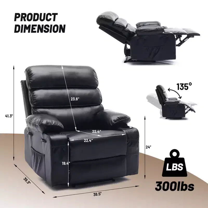 Fauteuil inclinable manuel extra large en cuir PU pour adultes avec massage et chauffage, grand fauteuil paresseux avec accoudoirs et dossier confortables 1,5 fois plus épais en éponge pour salon