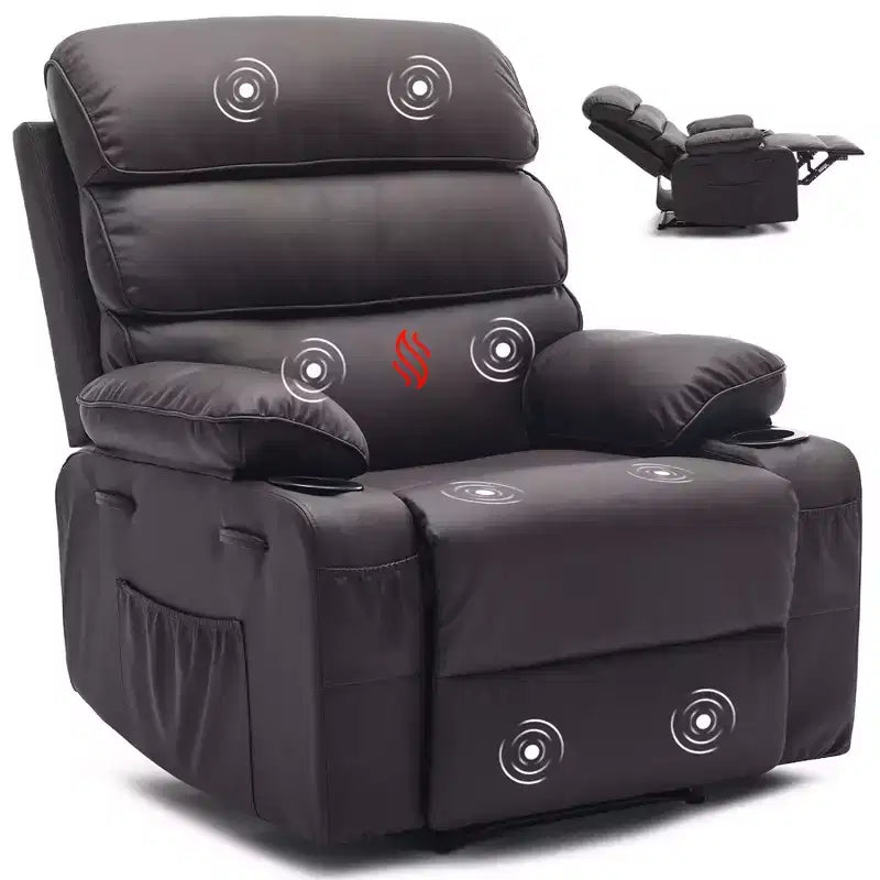 Fauteuil inclinable manuel extra large en cuir PU pour adultes avec massage et chauffage, grand fauteuil paresseux avec accoudoirs et dossier confortables 1,5 fois plus épais en éponge pour salon