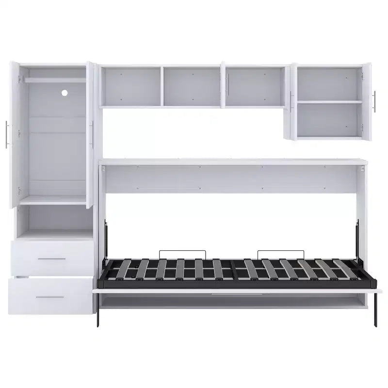 Lit mural escamotable Twin Size avec étagères de rangement et armoire, lit escamotable pliant avec table pour chambre à coucher ou chambre d'amis, blanc