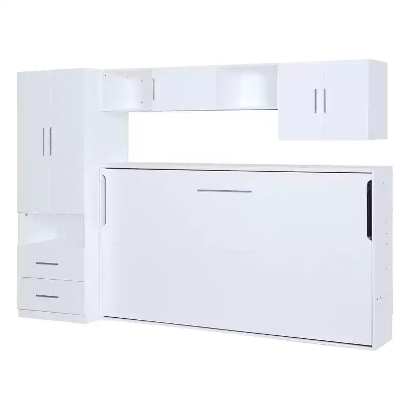 Lit mural escamotable Twin Size avec étagères de rangement et armoire, lit escamotable pliant avec table pour chambre à coucher ou chambre d'amis, blanc