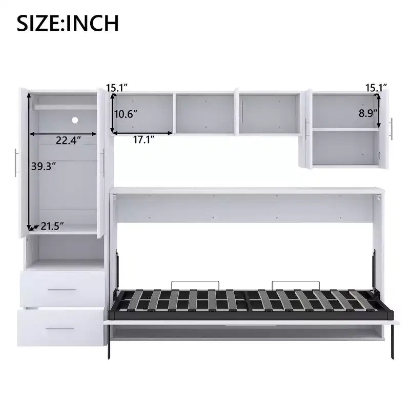Lit mural escamotable Twin Size avec étagères de rangement et armoire, lit escamotable pliant avec table pour chambre à coucher ou chambre d'amis, blanc