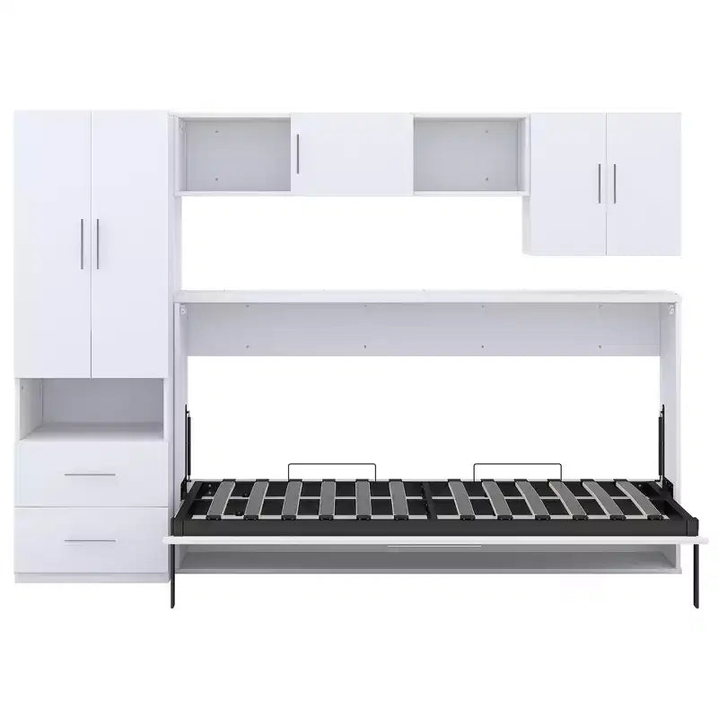 Lit mural escamotable Twin Size avec étagères de rangement et armoire, lit escamotable pliant avec table pour chambre à coucher ou chambre d'amis, blanc