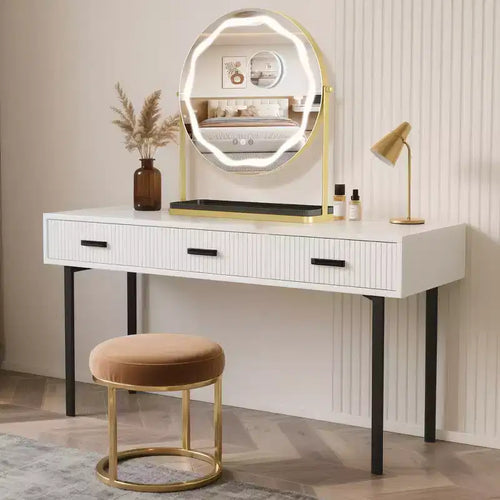 19 LED Makeup Mirror with 3-Color Dimmable Lighting, Smart Touch Control, 360 Rotating, Adjustable Stand, and Storage for Vanity