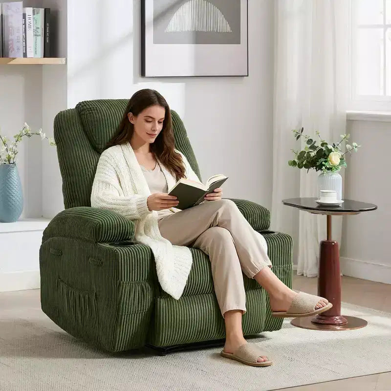 Fauteuil inclinable électrique avec massage et USB, 8 points de vibration, tissu velours côtelé, poches de rangement, assemblage facile pour salon, chambre à coucher