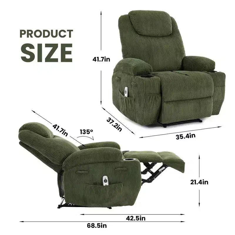 Fauteuil inclinable électrique avec massage et USB, 8 points de vibration, tissu velours côtelé, poches de rangement, assemblage facile pour salon, chambre à coucher