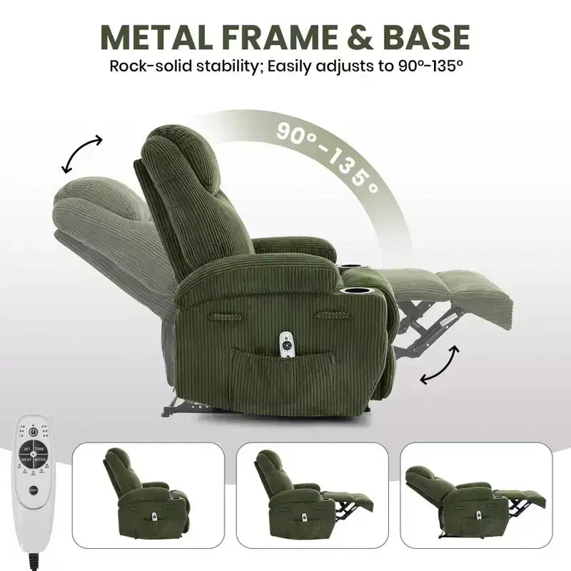 Fauteuil inclinable électrique avec massage et USB, 8 points de vibration, tissu velours côtelé, poches de rangement, assemblage facile pour salon, chambre à coucher
