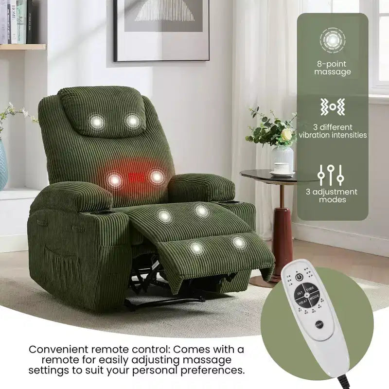 Fauteuil inclinable électrique avec massage et USB, 8 points de vibration, tissu velours côtelé, poches de rangement, assemblage facile pour salon, chambre à coucher