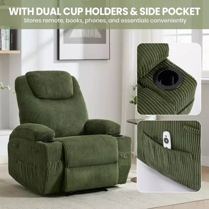 Fauteuil inclinable électrique avec massage et USB, 8 points de vibration, tissu velours côtelé, poches de rangement, assemblage facile pour salon, chambre à coucher