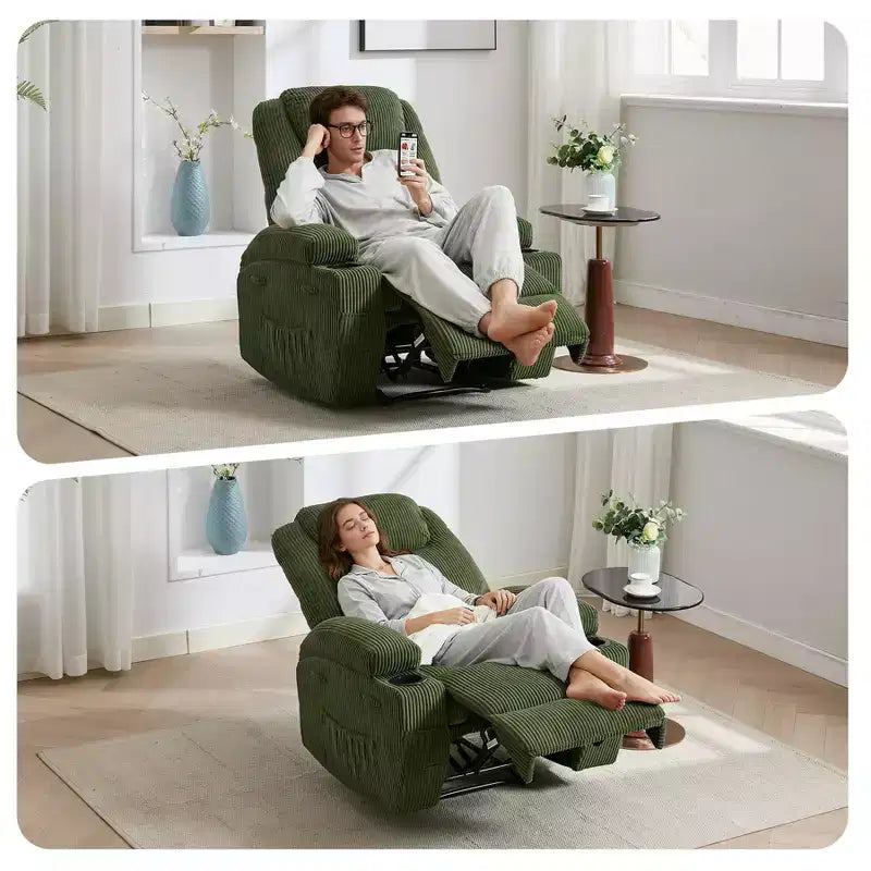 Fauteuil inclinable électrique avec massage et USB, 8 points de vibration, tissu velours côtelé, poches de rangement, assemblage facile pour salon, chambre à coucher
