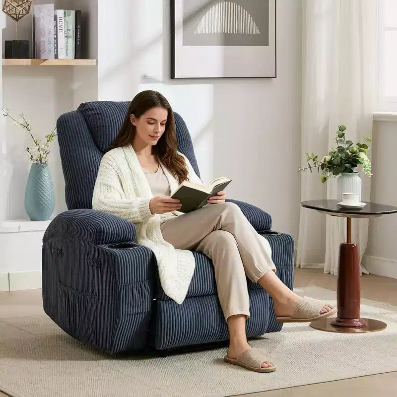 Fauteuil inclinable électrique avec massage et USB, 8 points de vibration, tissu velours côtelé, poches de rangement, assemblage facile pour salon, chambre à coucher