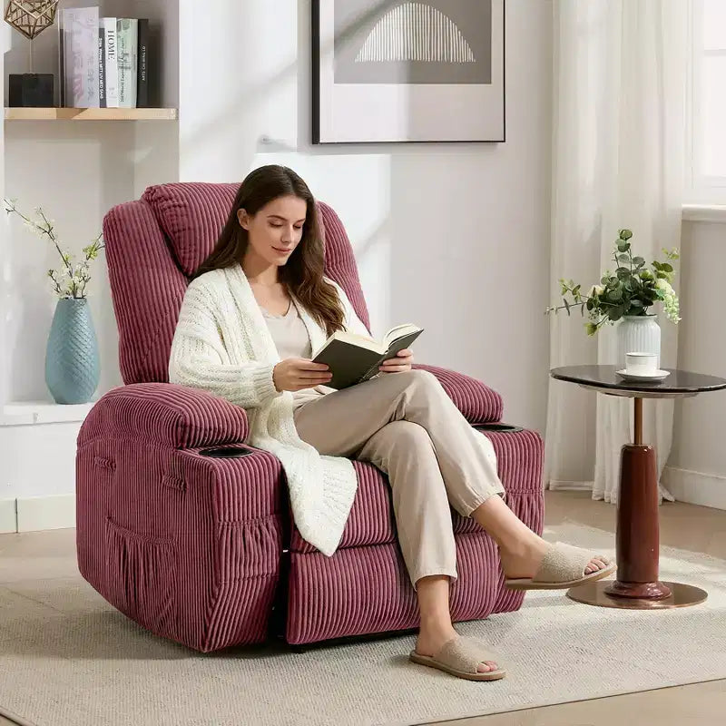 Fauteuil inclinable électrique avec massage et USB, 8 points de vibration, tissu velours côtelé, poches de rangement, assemblage facile pour salon, chambre à coucher