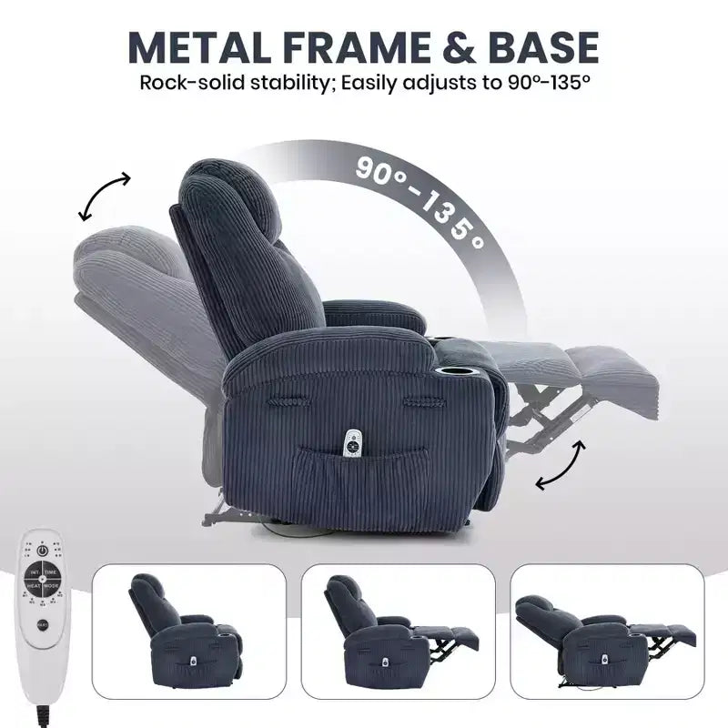 Fauteuil inclinable électrique avec massage et USB, 8 points de vibration, tissu velours côtelé, poches de rangement, assemblage facile pour salon, chambre à coucher