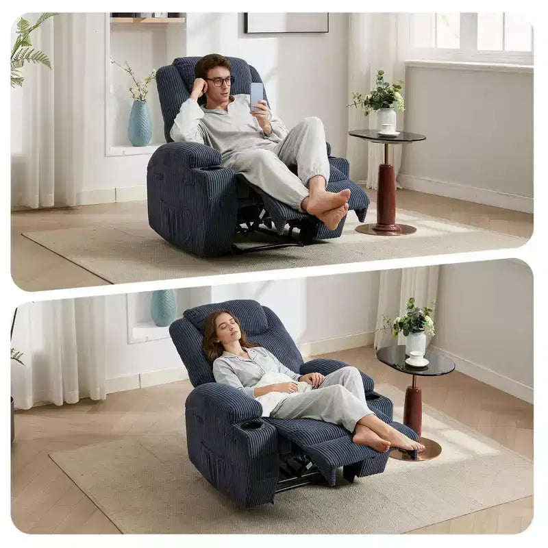 Fauteuil inclinable électrique avec massage et USB, 8 points de vibration, tissu velours côtelé, poches de rangement, assemblage facile pour salon, chambre à coucher