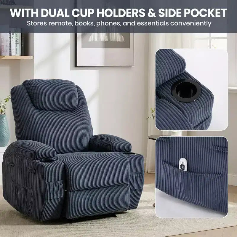 Fauteuil inclinable électrique avec massage et USB, 8 points de vibration, tissu velours côtelé, poches de rangement, assemblage facile pour salon, chambre à coucher