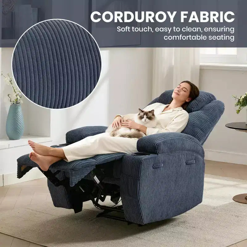 Fauteuil inclinable électrique avec massage et USB, 8 points de vibration, tissu velours côtelé, poches de rangement, assemblage facile pour salon, chambre à coucher