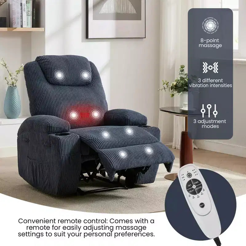 Fauteuil inclinable électrique avec massage et USB, 8 points de vibration, tissu velours côtelé, poches de rangement, assemblage facile pour salon, chambre à coucher
