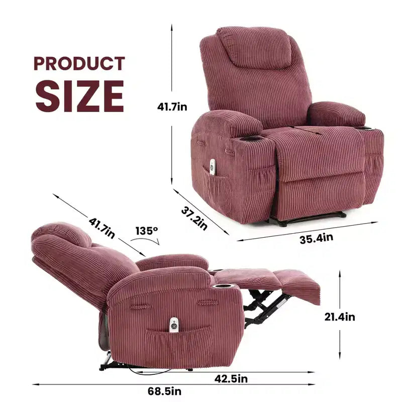 Fauteuil inclinable électrique avec massage et USB, 8 points de vibration, tissu velours côtelé, poches de rangement, assemblage facile pour salon, chambre à coucher
