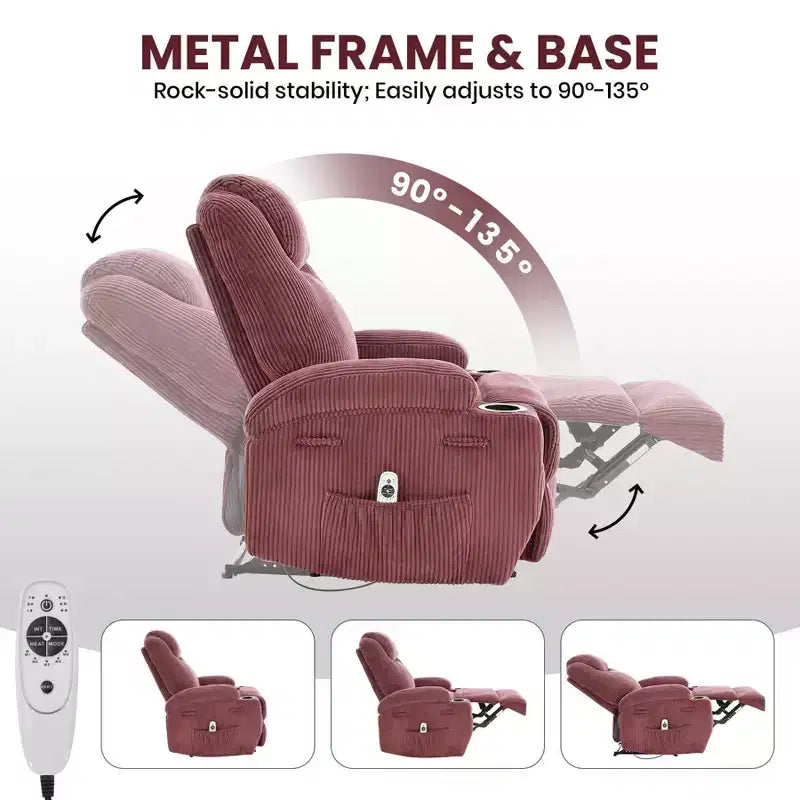 Fauteuil inclinable électrique avec massage et USB, 8 points de vibration, tissu velours côtelé, poches de rangement, assemblage facile pour salon, chambre à coucher