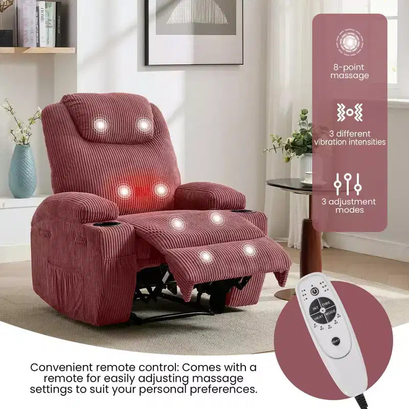 Fauteuil inclinable électrique avec massage et USB, 8 points de vibration, tissu velours côtelé, poches de rangement, assemblage facile pour salon, chambre à coucher