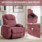 Fauteuil inclinable électrique avec massage et USB, 8 points de vibration, tissu velours côtelé, poches de rangement, assemblage facile pour salon, chambre à coucher