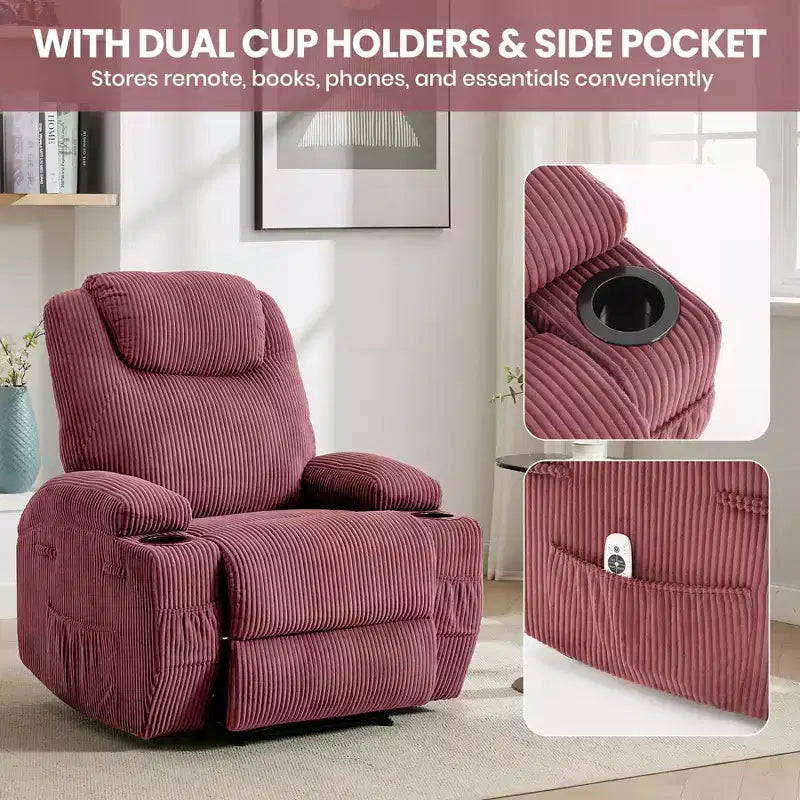 Fauteuil inclinable électrique avec massage et USB, 8 points de vibration, tissu velours côtelé, poches de rangement, assemblage facile pour salon, chambre à coucher