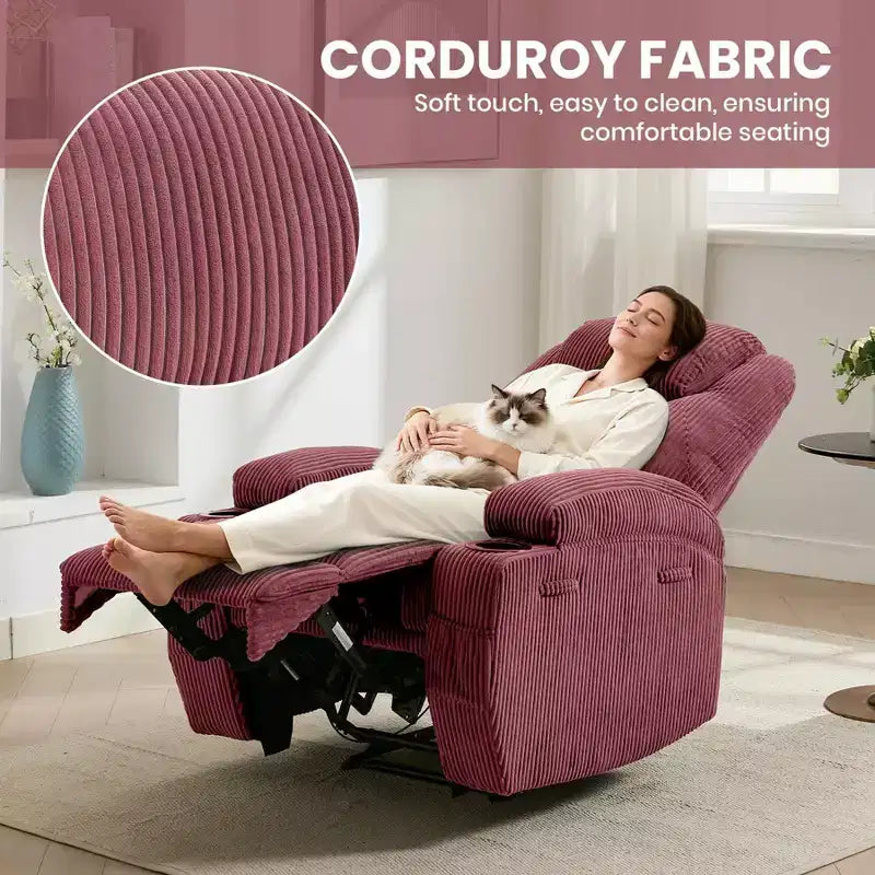 Fauteuil inclinable électrique avec massage et USB, 8 points de vibration, tissu velours côtelé, poches de rangement, assemblage facile pour salon, chambre à coucher