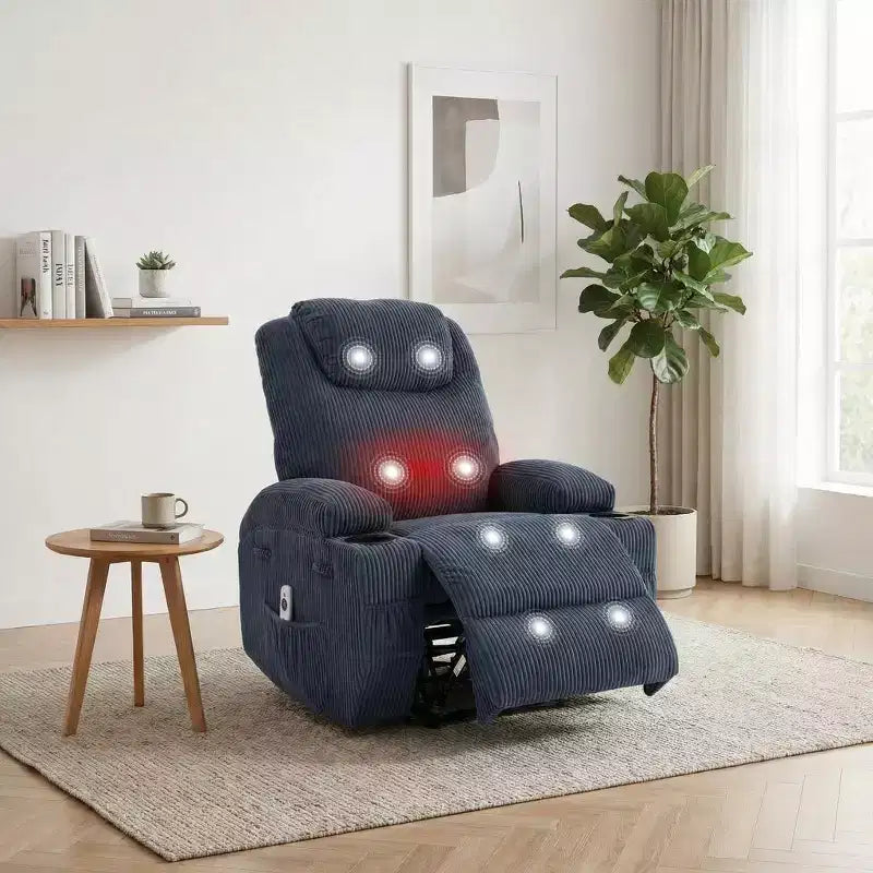 Fauteuil inclinable électrique avec massage et USB, 8 points de vibration, tissu velours côtelé, poches de rangement, assemblage facile pour salon, chambre à coucher