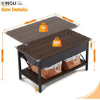 VINGLI Table Basse Relevable 36 avec Bacs de Rangement en Tissu, Tables Basses Rustiques de Ferme pour Salon, Espresso