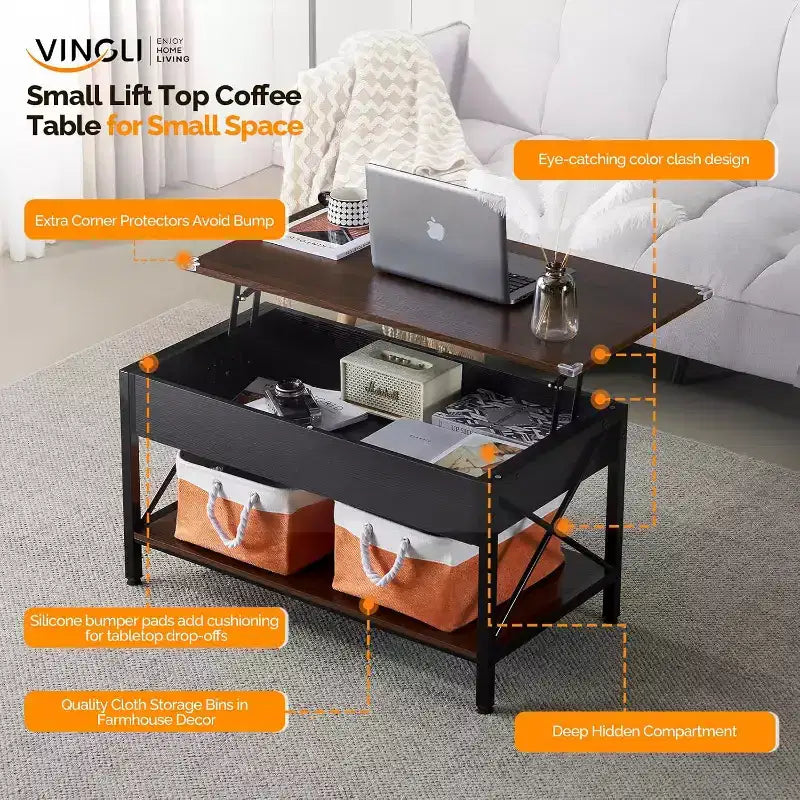 VINGLI Table Basse Relevable 36 avec Bacs de Rangement en Tissu, Tables Basses Rustiques de Ferme pour Salon, Espresso