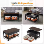 VINGLI Table Basse Relevable 36 avec Bacs de Rangement en Tissu, Tables Basses Rustiques de Ferme pour Salon, Espresso