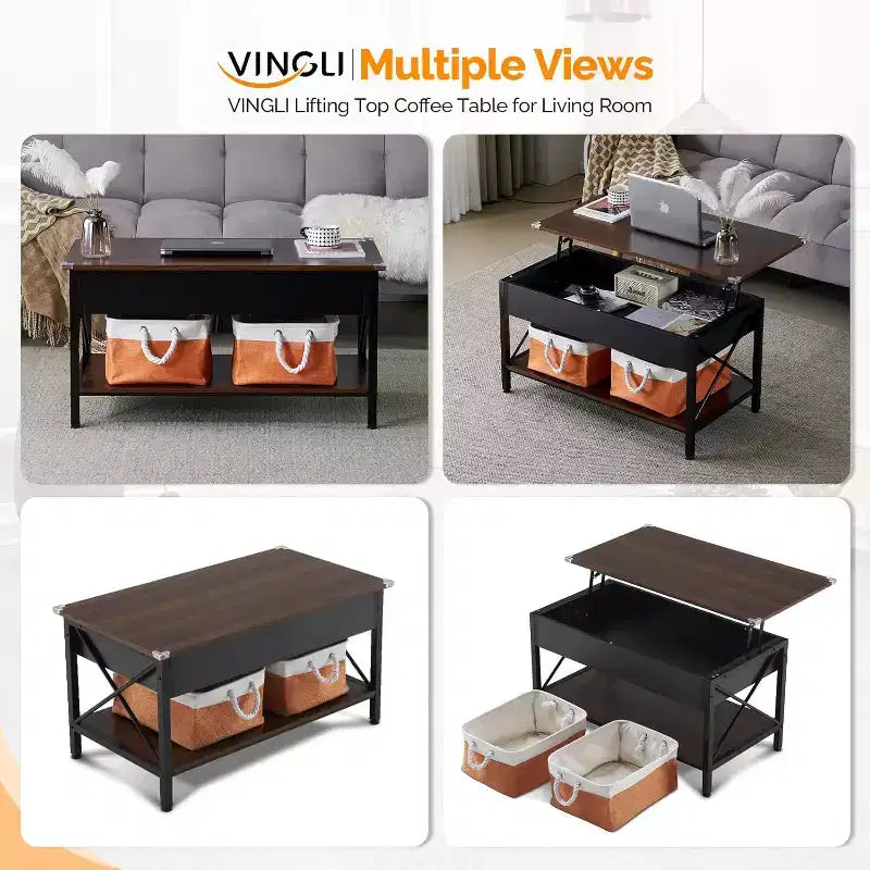VINGLI Table Basse Relevable 36 avec Bacs de Rangement en Tissu, Tables Basses Rustiques de Ferme pour Salon, Espresso
