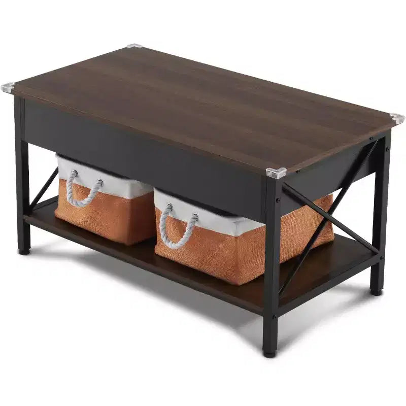 VINGLI Table Basse Relevable 36 avec Bacs de Rangement en Tissu, Tables Basses Rustiques de Ferme pour Salon, Espresso