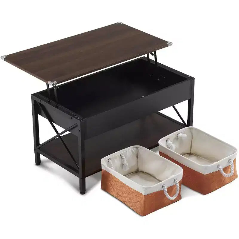 VINGLI Table Basse Relevable 36 avec Bacs de Rangement en Tissu, Tables Basses Rustiques de Ferme pour Salon, Espresso