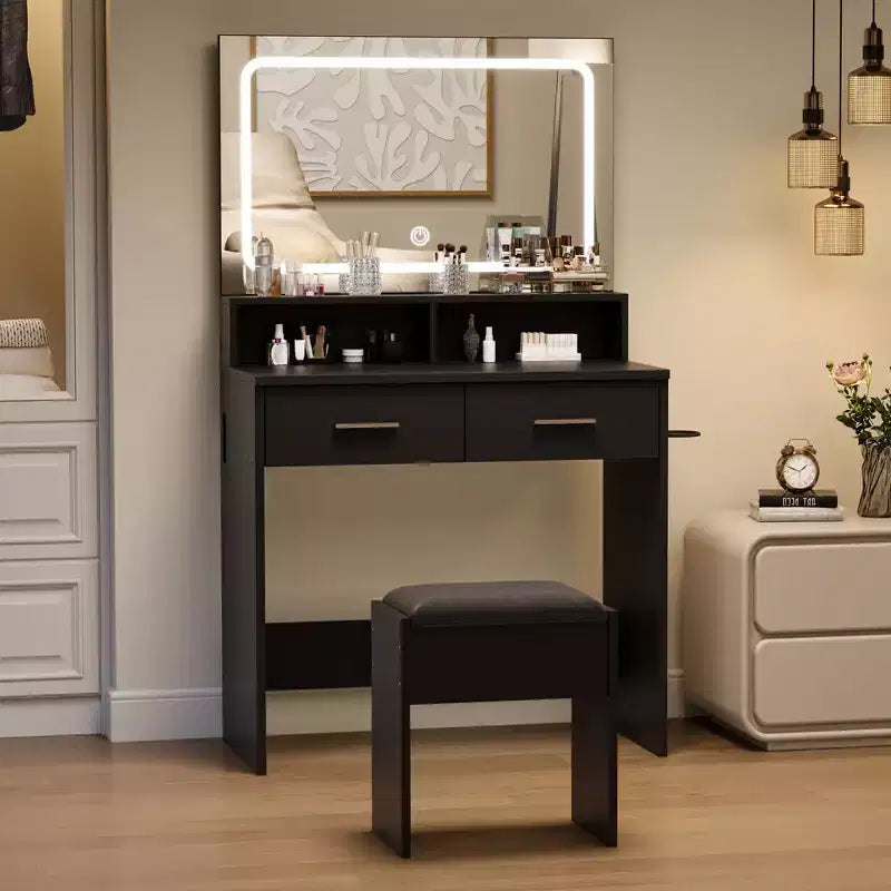 Coiffeuse avec miroir LED réglable 3 couleurs, petite table de maquillage avec prise de courant et 2 tiroirs, coiffeuse et tabouret rembourré pour chambre à coucher